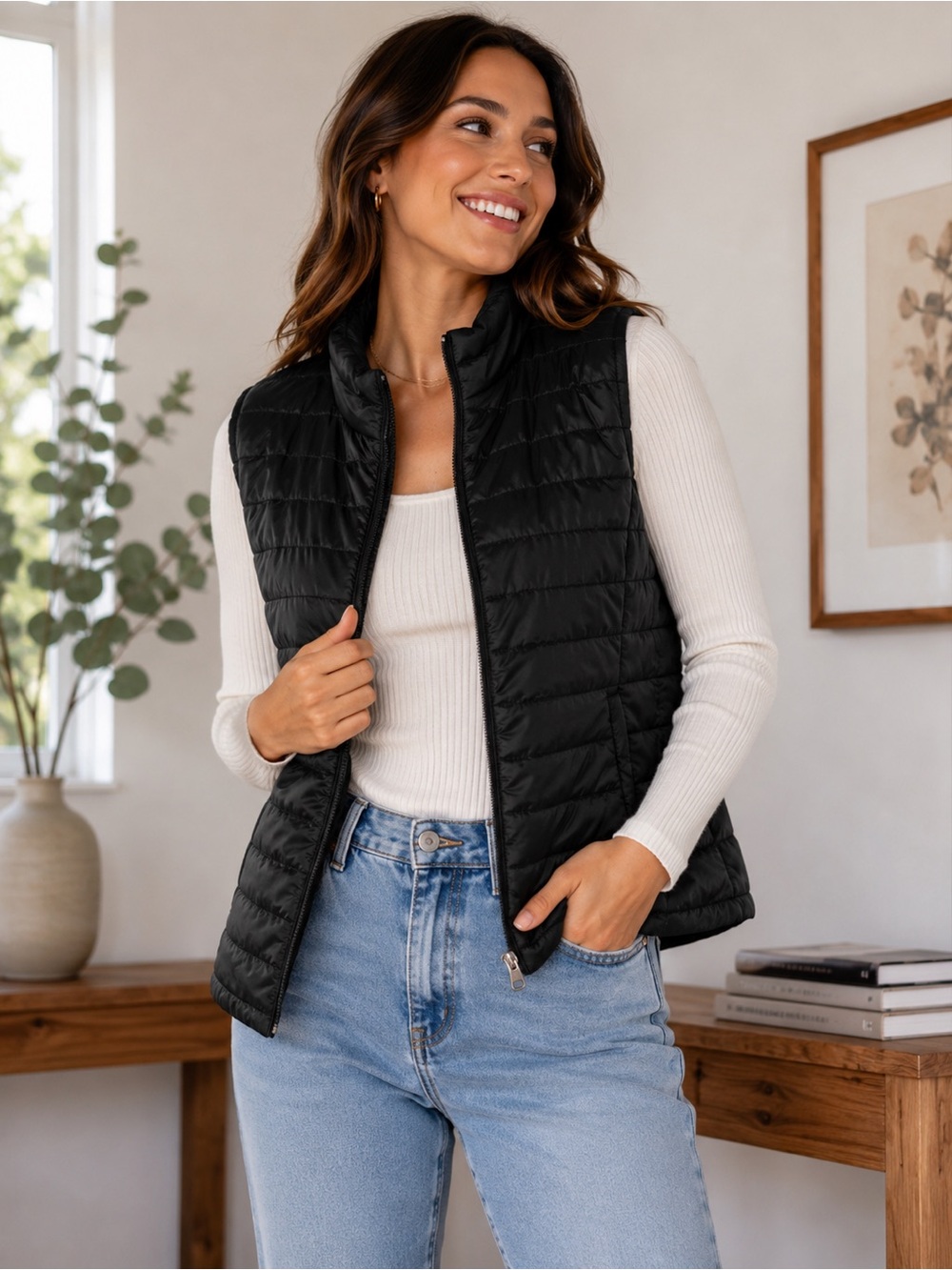 LOFT Black Quilted Puffer Vest Lightweight Zip Up Layering Women’s Size M